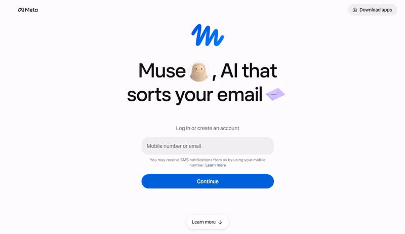 Meta Muse public homepage with its blue logo and the headline AI that sorts your email.