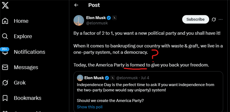 Elon Musk Posts "Today, the America Party is formed"